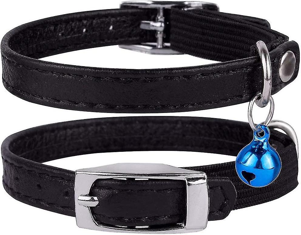 Leather Cat Collar, Cat Safety Collar With Elastic Strap, Kitten Collar For Cat With Bell Black Blue