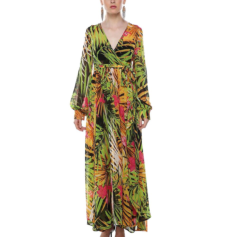 Fianao Plus Size Bohemia Beach Women Leaves Print V Neck Long Lantern Sleeve Maxi Dress