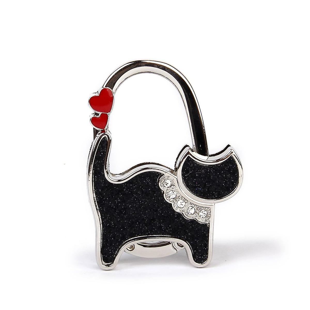 Portable Folding Cat Pattern Rhinestone Handbag Purse Hooks Hangers Holders (Black)