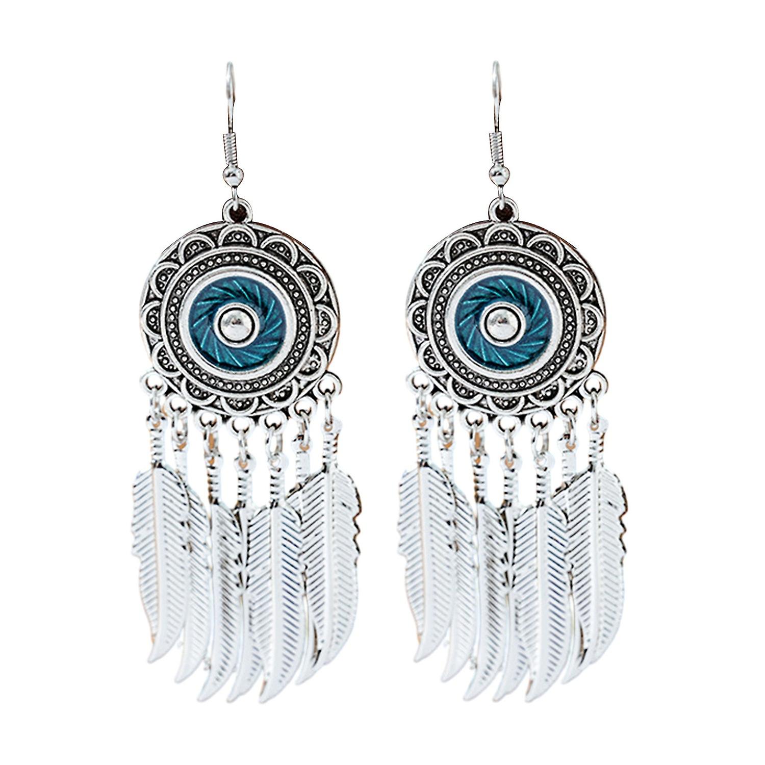 1 Pair Retro Bohemia Style Hook Earrings Feather Tassel Round Drop Earrings Silver Color Palace Styl