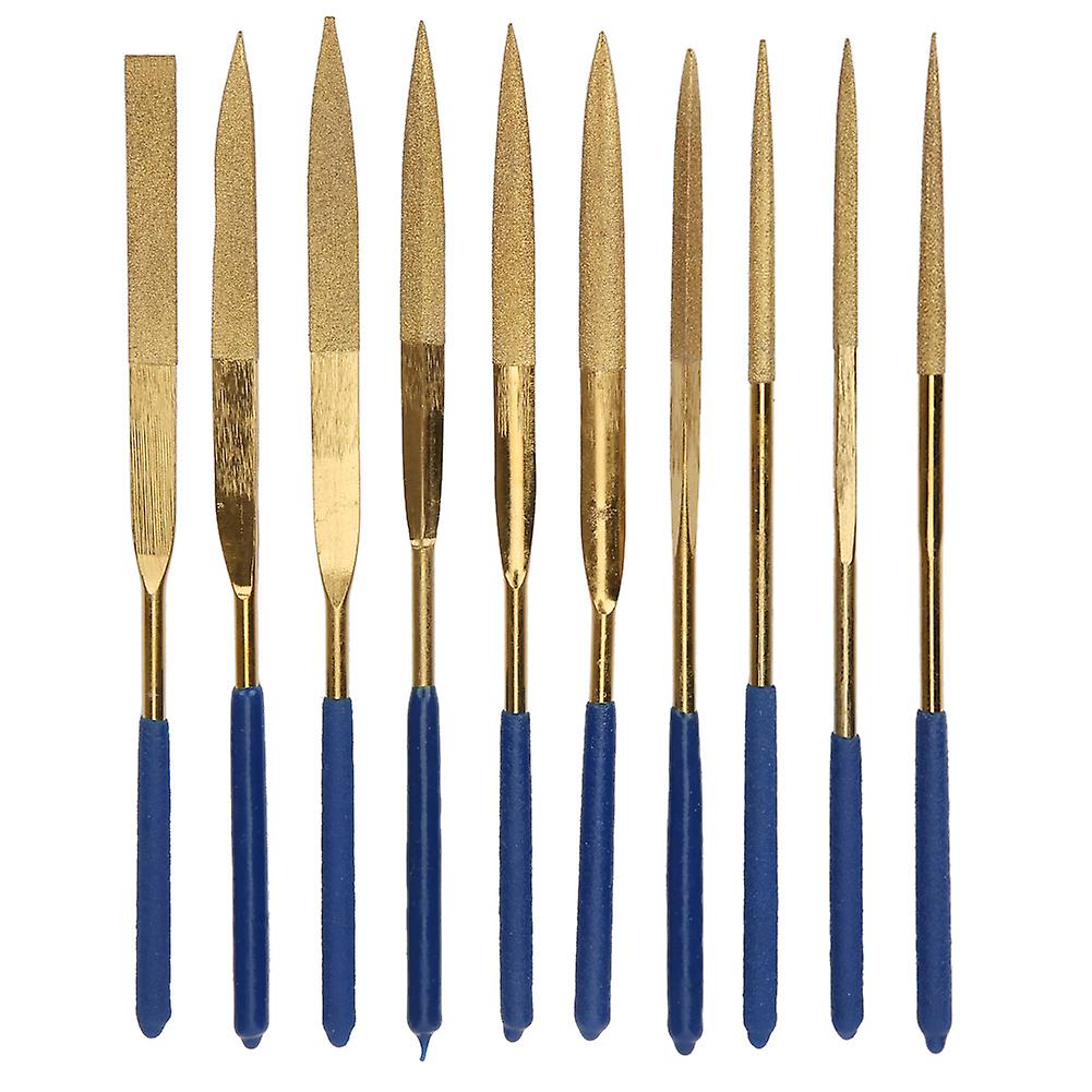 Set of 10 titanium-plated diamond mini needle files (4 x 160 mm) for processing steel, ceramics and glass