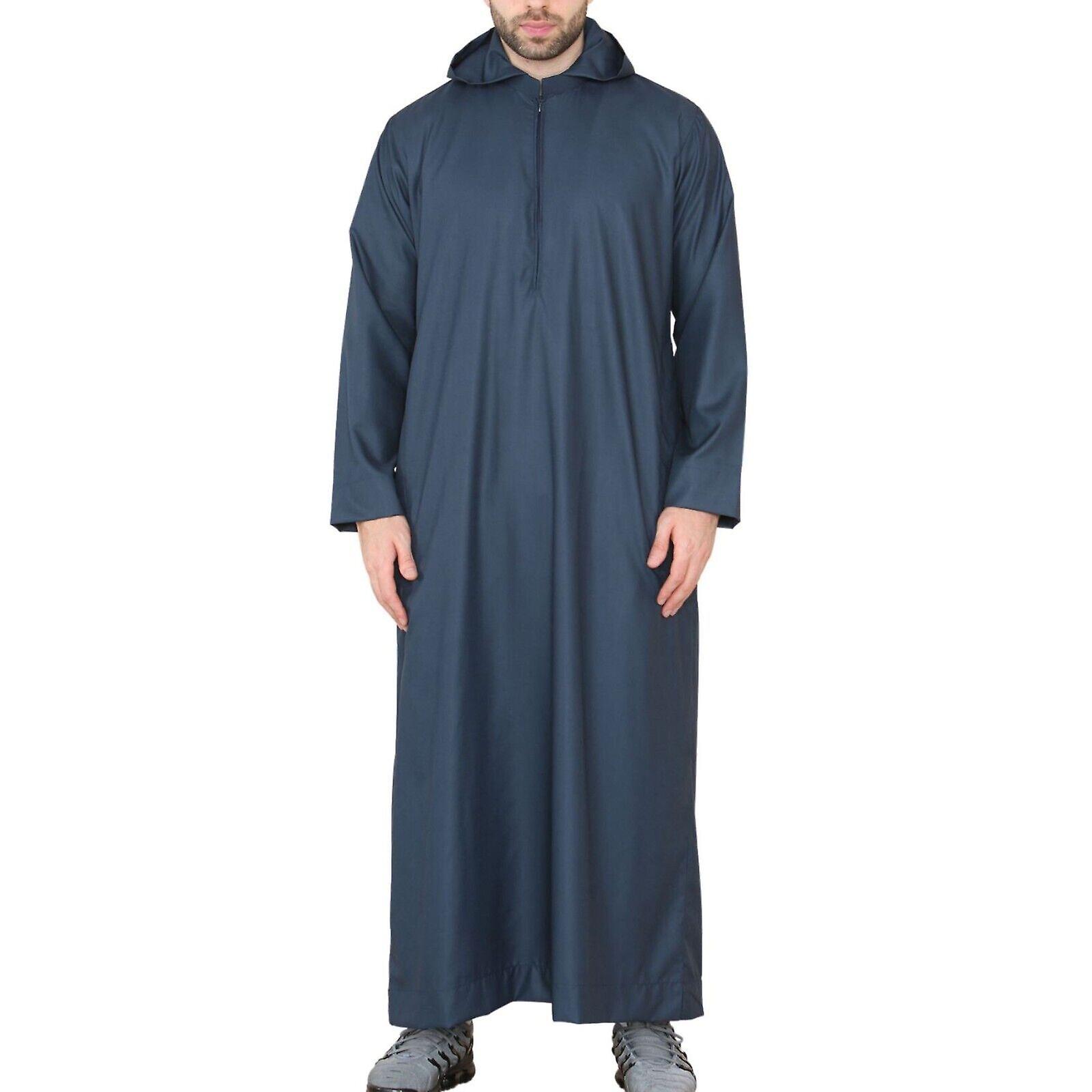 Mens Blue Hooded Thobe Jubba Islamic Eid Kaftan Robe Slim Fit