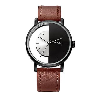TOMI T080 Hollow Design Halb durchsichtige Quarzuhr Schwarz Weißes Zifferblatt Braunes Armband