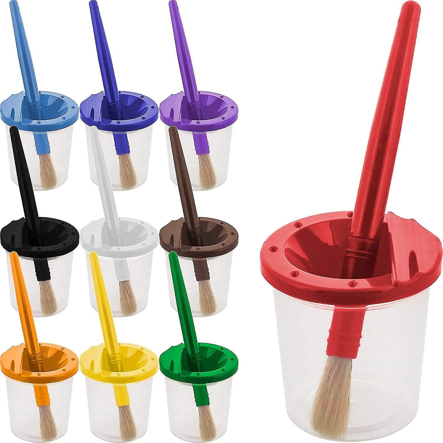 Set of 10 spill-proof paint cups for kids with colorful lids and set of 10 large round brushes with