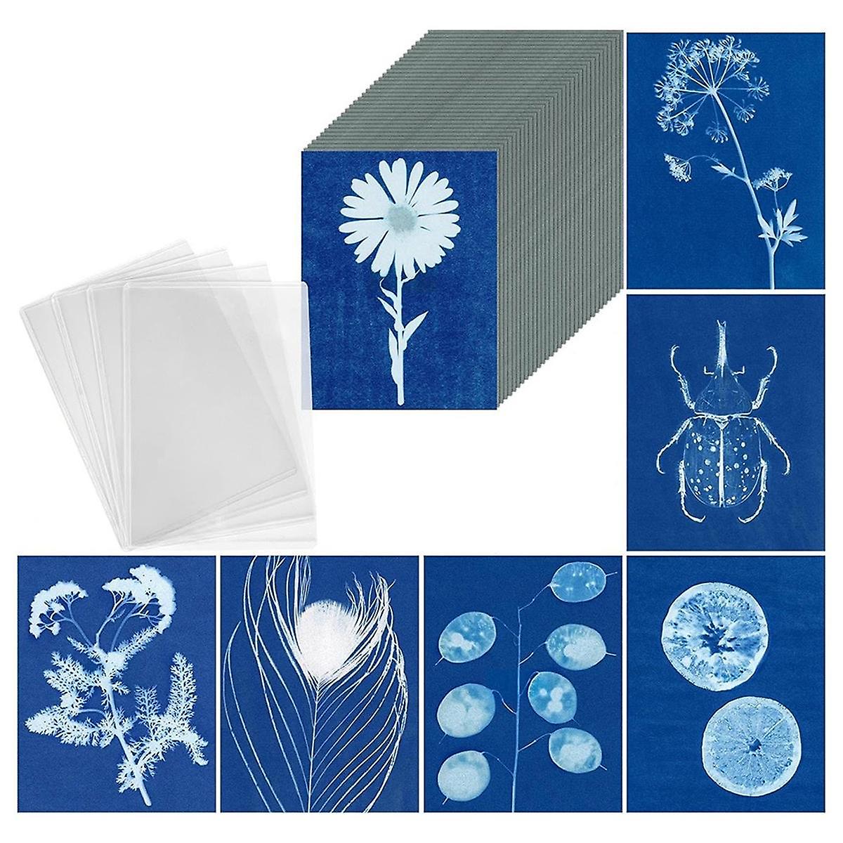 Sun Print Paper Kit, 100 Sheet Cyanotype Paper with 4 Sheet Acrylic Panel, A5 Sun Art Paper, Solar Printing Art Paper