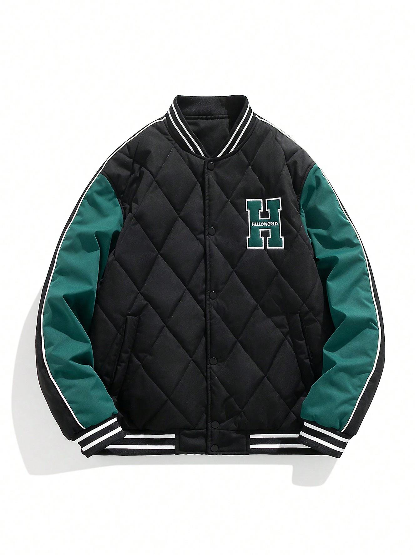 Men Letter Patched Striped Trim Quilted Coat