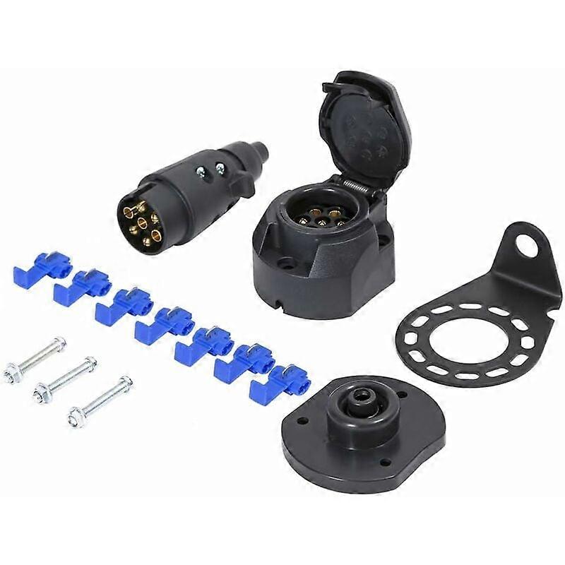 Trailer Socket & 7 Pin Socket and Metal Mounting Bracket Kit, 12V Waterproof Male Female Trailer Socket, with Waterproof Rubber Cushion, Fits Car RV T
