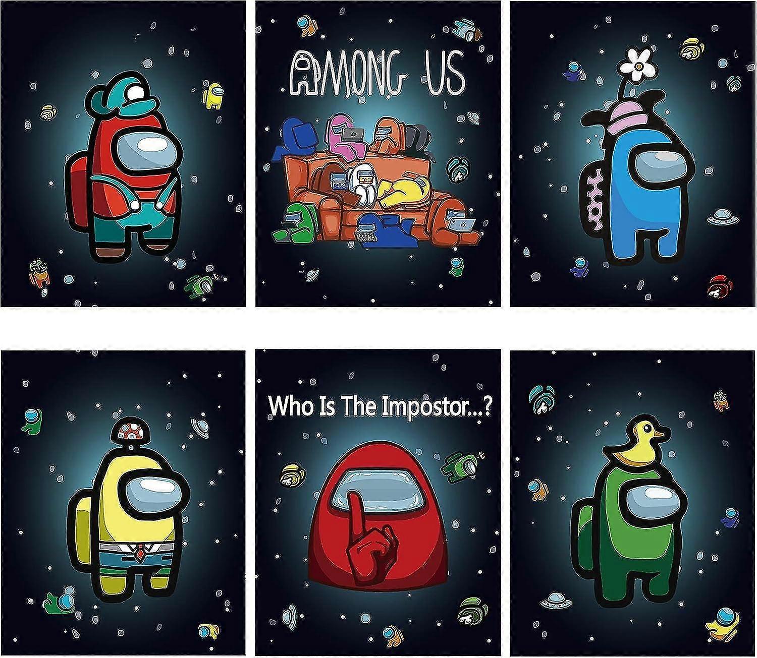 6 posters in 6 different patterns with 24 glue dots for the wall of gaming fans among us december