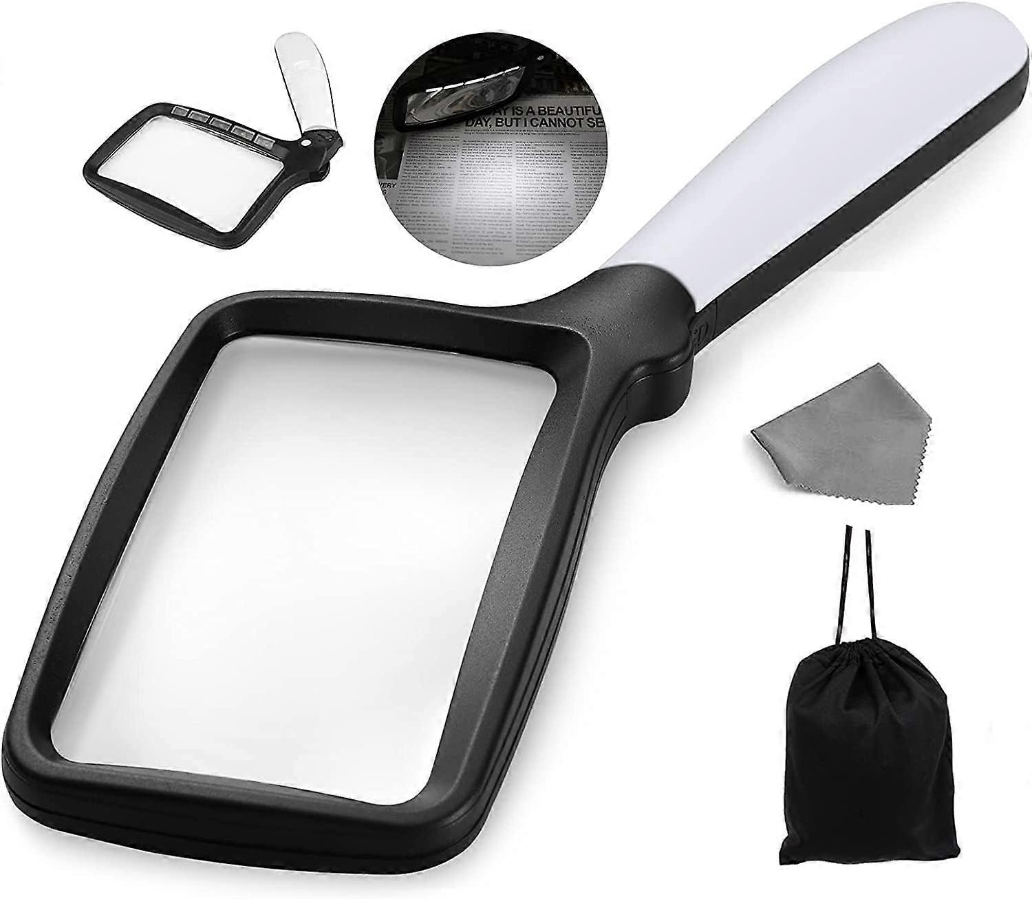 Rectangular Magnifying Glass with Light Magnifier Large Foldable Handheld 5 LED 2 Dimming Modes 3X Reading for Seniors Low Vision Books Pages Magazine