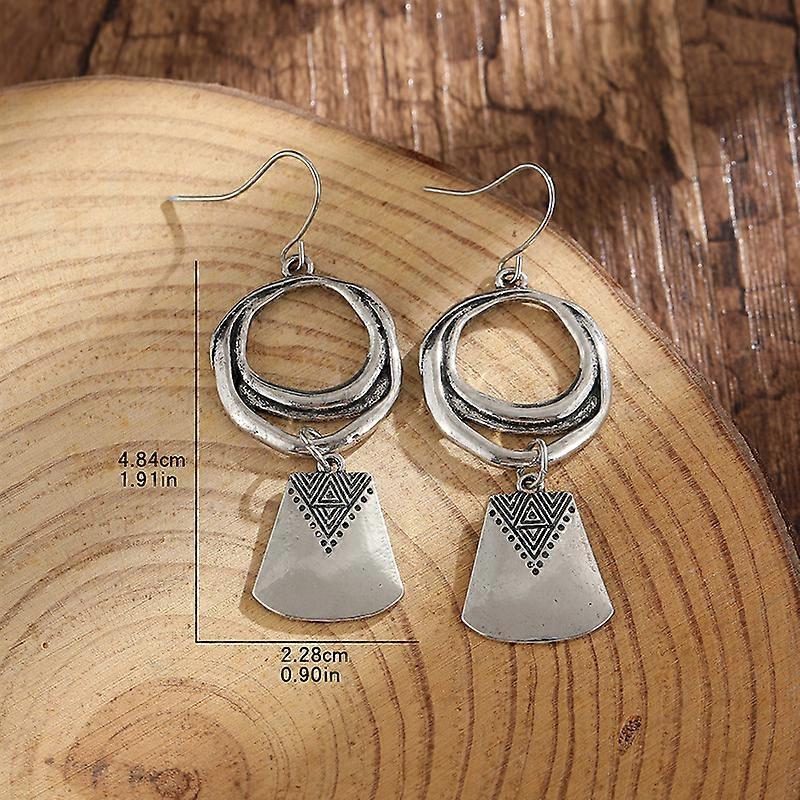 Ethnic Style Old Metal Round Pattern Dangle Earrings for Women Vintage Silver Color Hanging Square Carving Pattern Earring Gifts