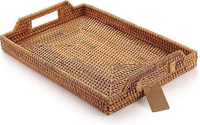 Handvävd rotting rektangulär serveringsbricka med handtag för frukost, drycker, mellanmål för soffbord (17x11.4x1.8inches)