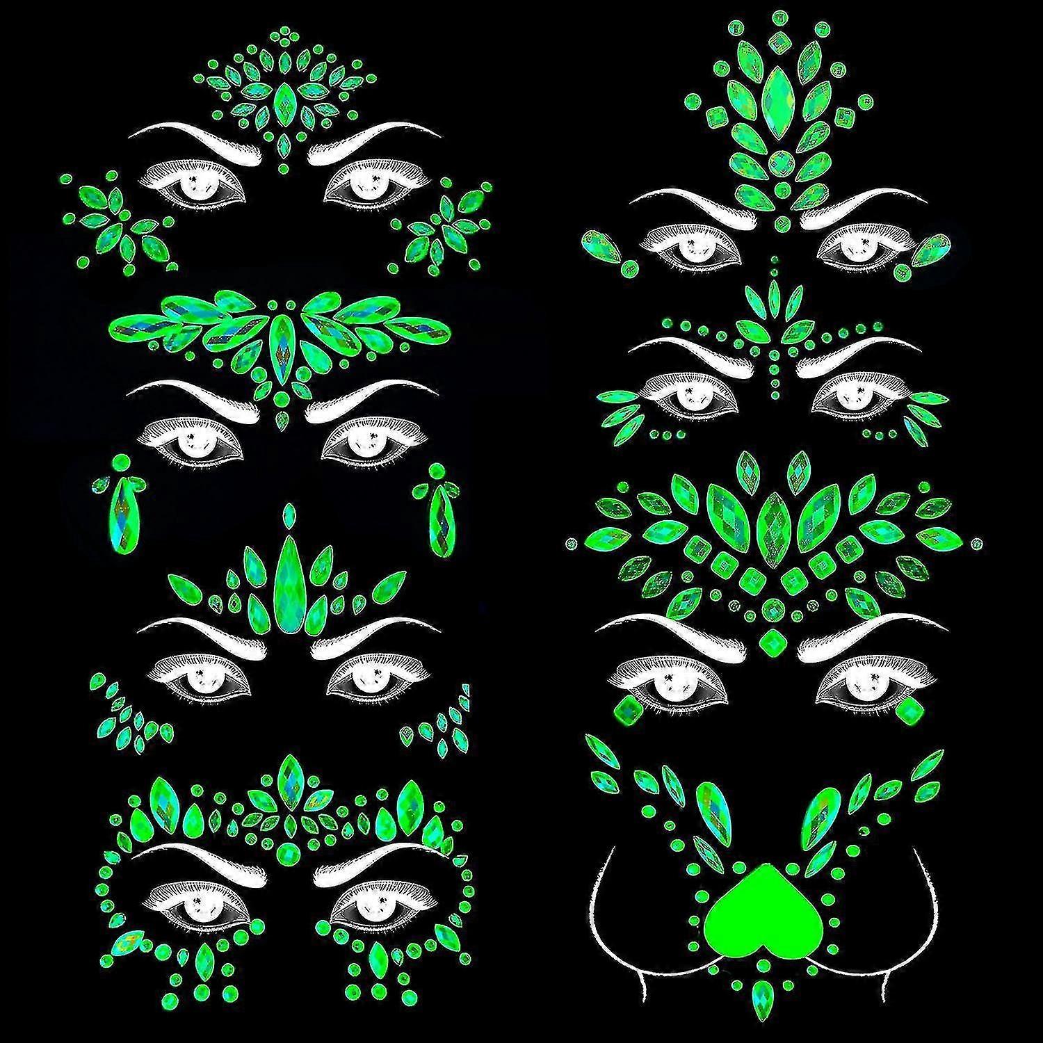 8sets Noctilucent Face Gems Rave Blacklight Body Stickers Glow In The Dark Luminous Face Jewels Fluo