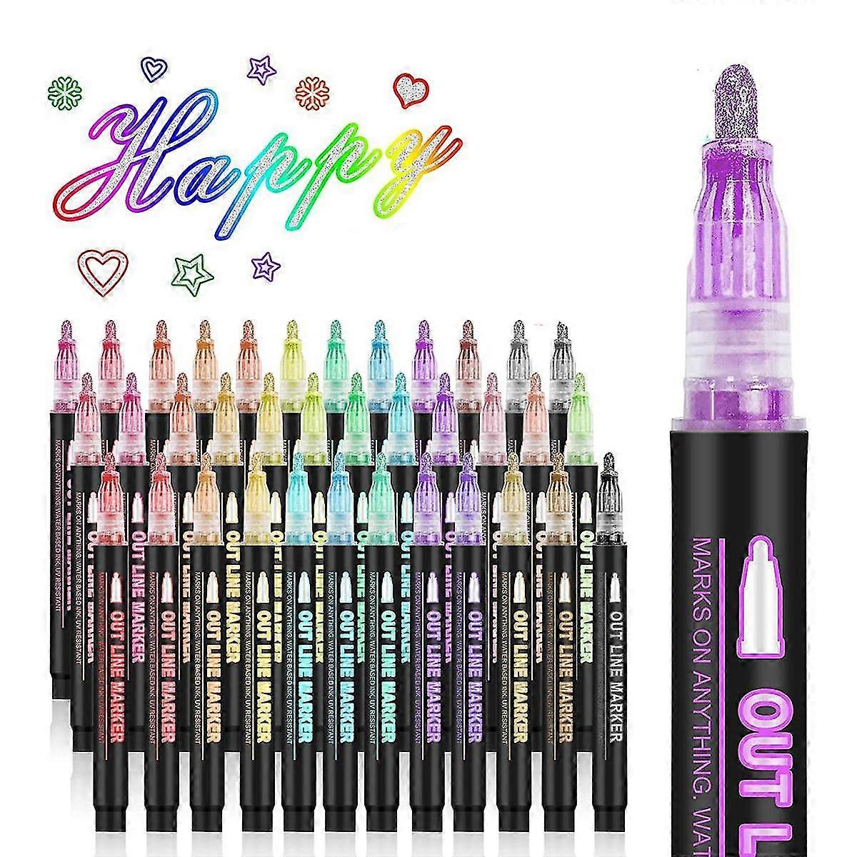 Double Line Outline Markers, 36 Colors Super Squiggles Shimmer Outline Marker Pen Set, Self Outline Metallic Markers