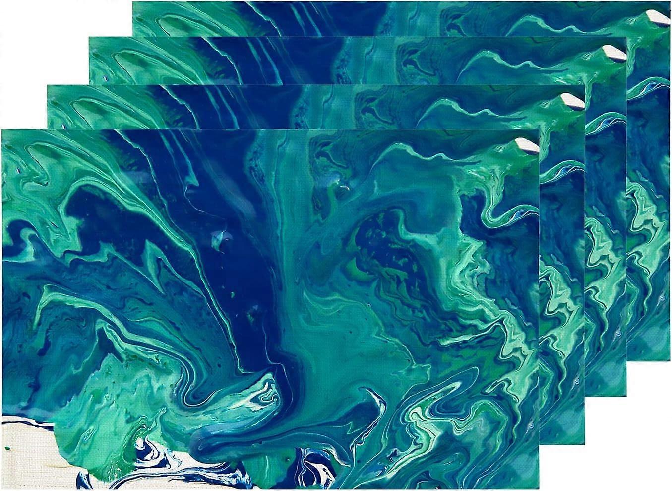 Blue Green Abstract Marble Placemats, Paint Table Mat Linen Burlap Washable Double-Deck Heat Insulation for Dining Table Kitchen Table Set of 4 (12 x