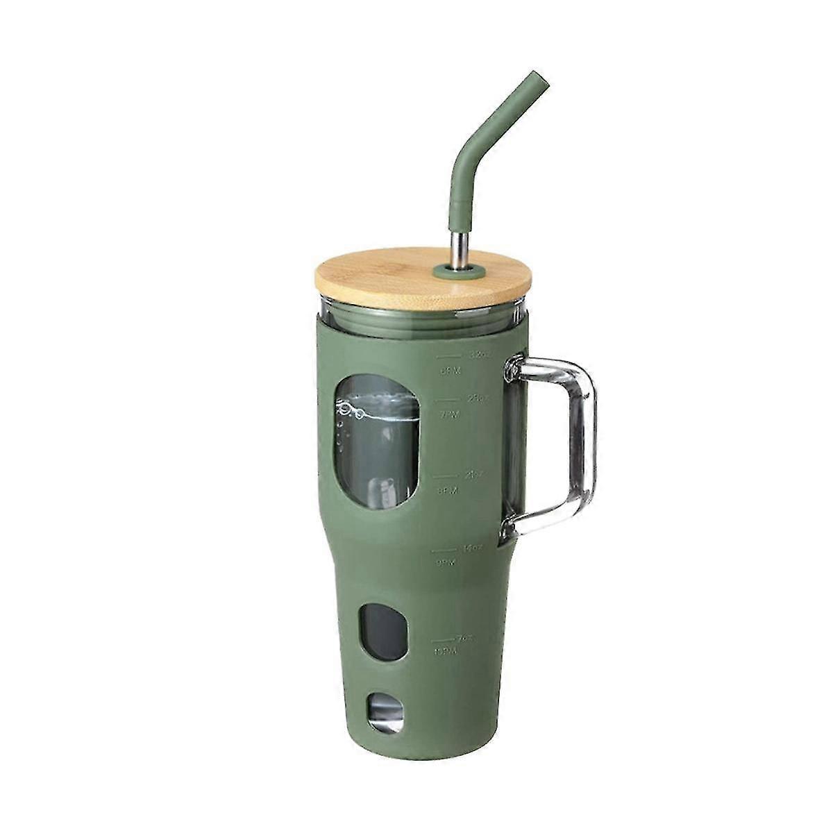 Glass Tumbler With Bamboo Lid And Straw, With Handle Reusable Cup With Time Marker And Silicone Sle