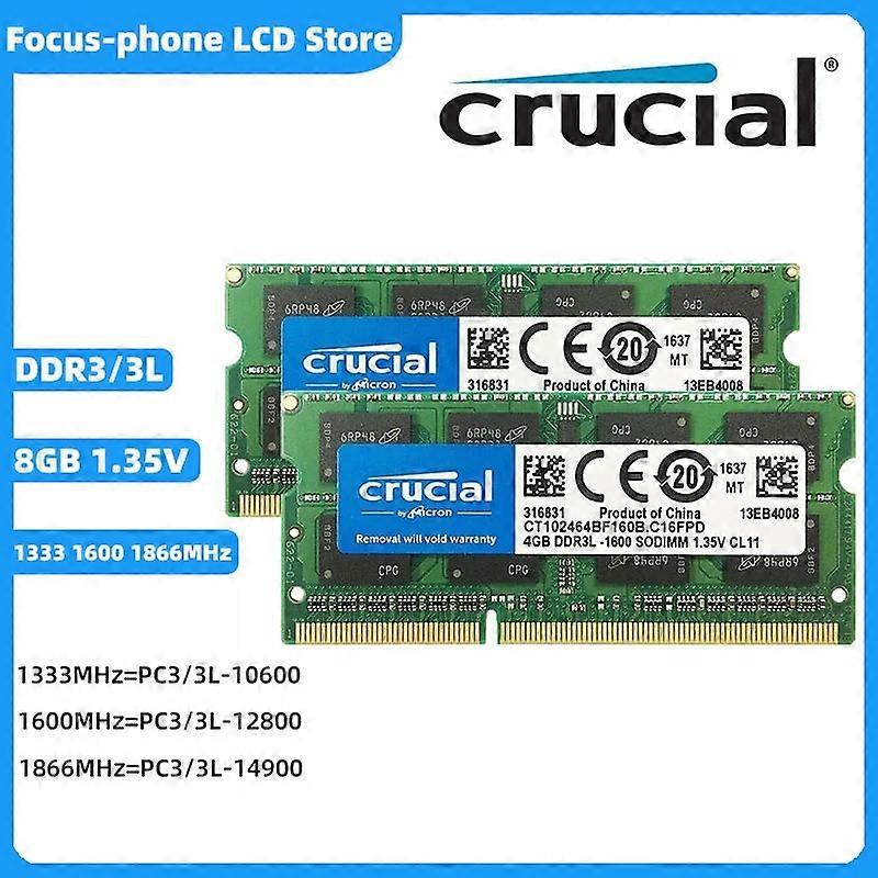 Crucial RAM DDR3 DDR3L 8GB 1333MHz 1600MHz 1866MHz SODIMM Ram PC~10600 12800 14900 1.5V 1.35V 204Pin for Laptop Notebook Memory