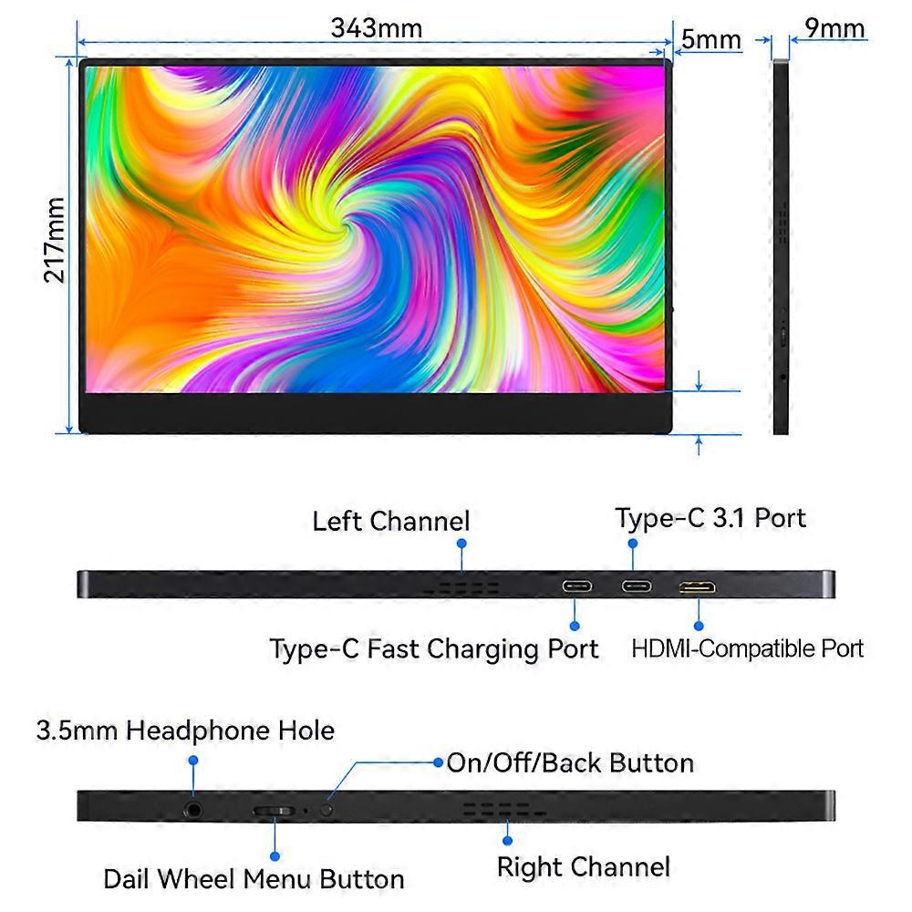 15Inch Portable Monitor FHD1080P IPS Gaming Monitor Built-in Dual Speakers 170° Wide View External Display for Laptop/PC/Smartphones