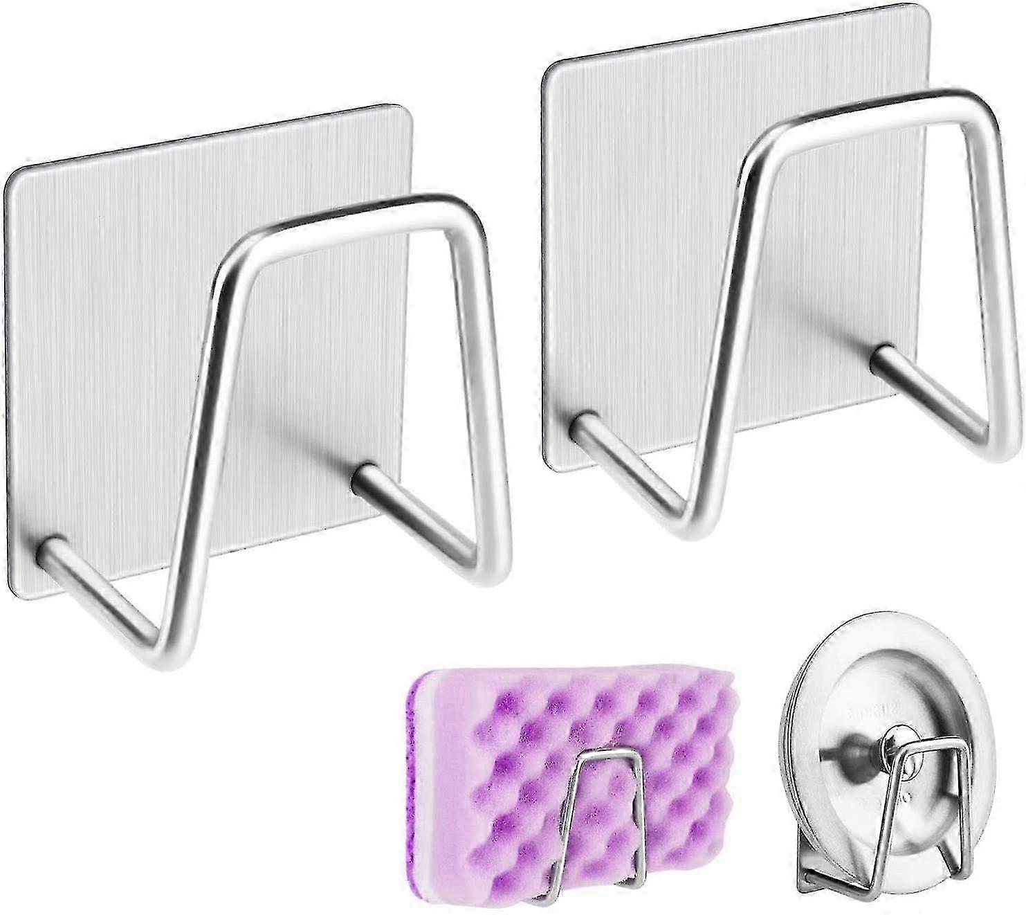 2 Pack Sponge Holders Self-adhesive Kitchen Sink Holder Clothes Hooks