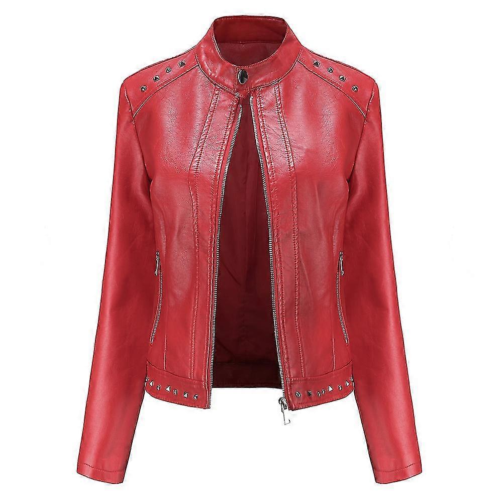 Naiwang Women's Solid Color Stand Collar Stud Slim Fit Cropped Zip Leather Jacket