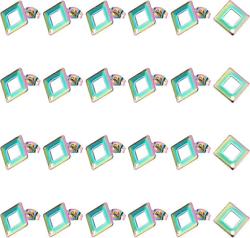 24pcs Rainbow Rhombus Stud Earring 13.5mm Stainless Steel Hollow Earring Posts Hypoallergenic Stud Earring with Loop and Ear Nut for DIY Jewelry Makin