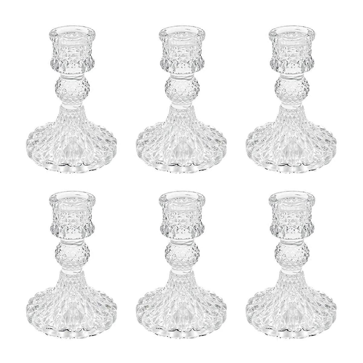 Glass Candlestick Holders Set of 6, Clear Diamond Taper Candle Holders for Table Centerpiece, Home