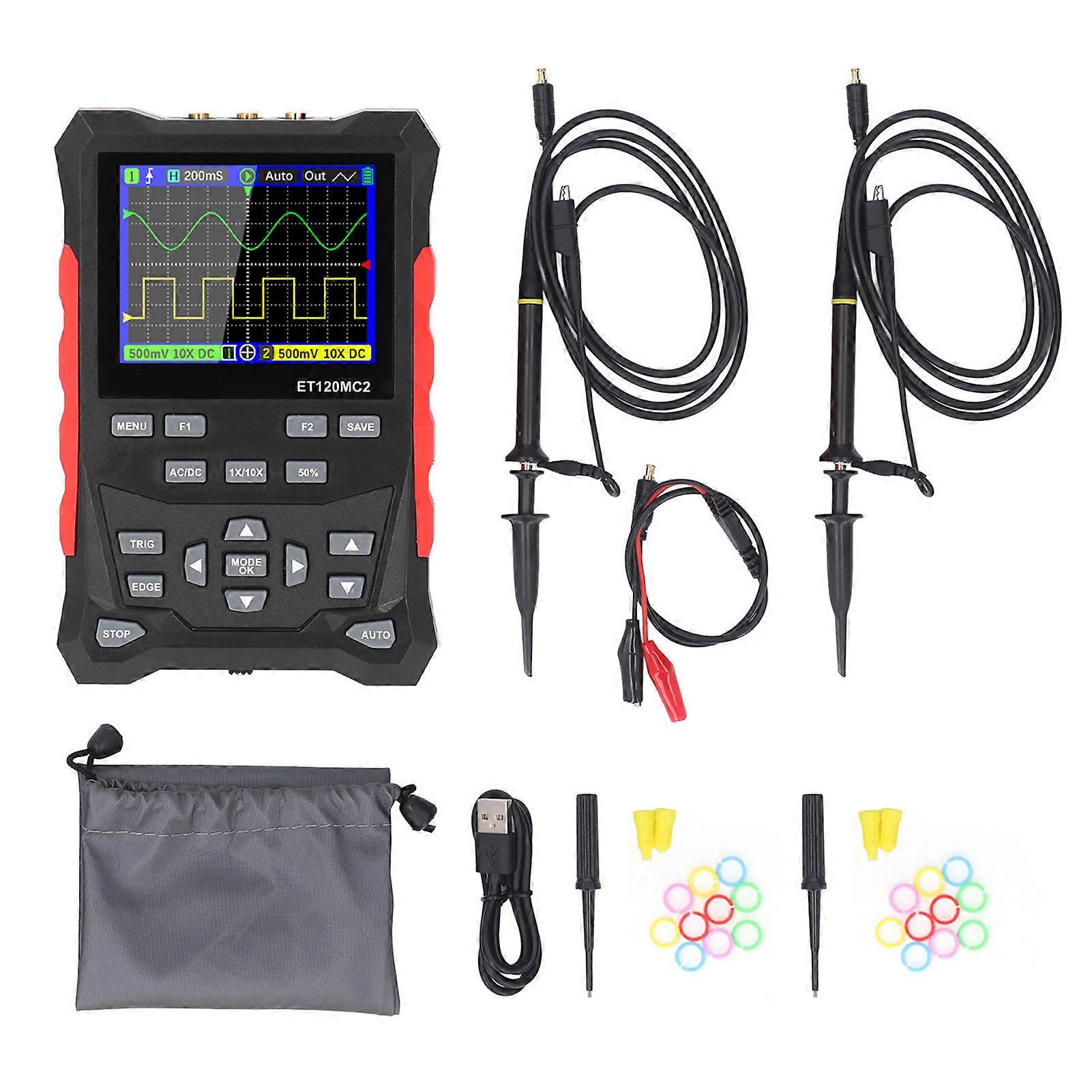 Handheld Oscilloscope 2 Channels 120MHz Bandwidth 500MSa/S Sampling Rate 2.4in TFT Screen Oscilloscope with 1‑10X Probe