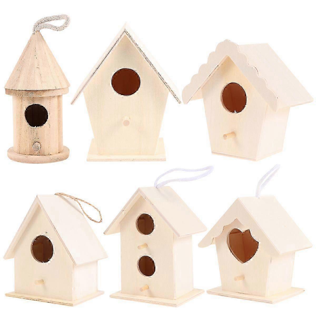 6 Pcs DIY Unfinished Simulation Birdcage Desktop Ornament Wooden House DIY Educational Craft Toys for Home Graffiti (Mixed Style)