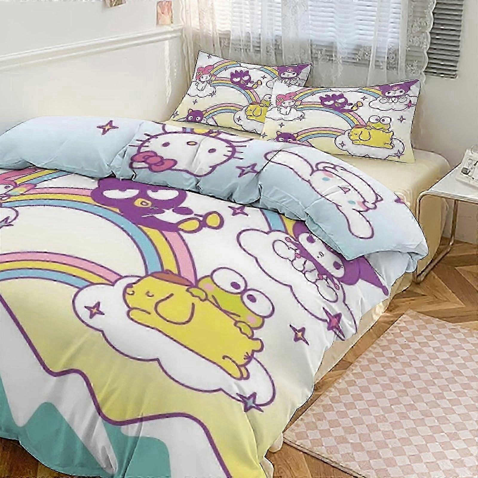 o2108 Prześcieradła Hello Kitty Print Zestaw pościeli Wzór Kołdra Cove Set3 sztuki Poszewka na kołdrę i poszewki na poduszki dla kobiet Mężczyźni Nastolatki do wyboru (1 kołdra Co