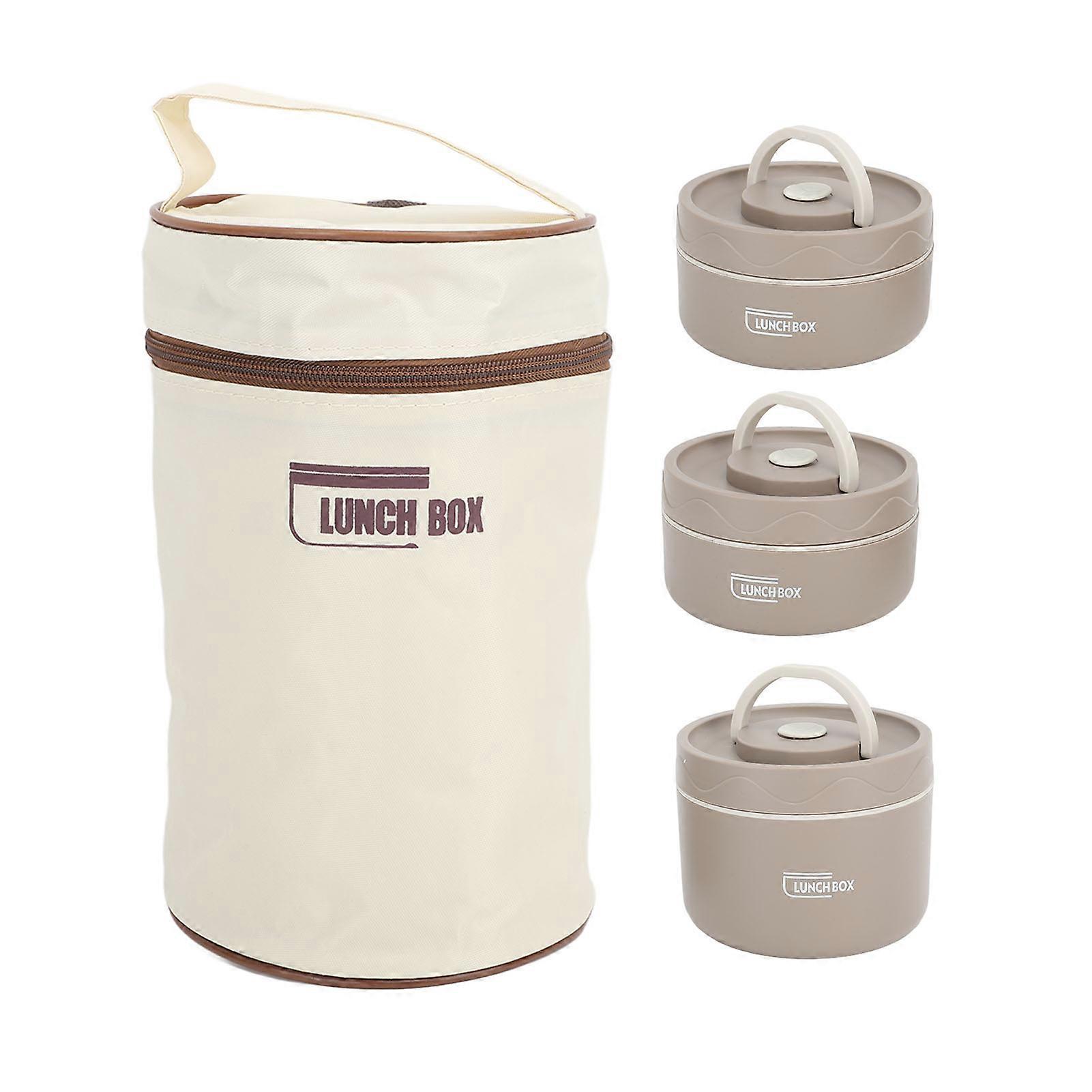 304 Stainless Steel Insulated Lunch Box Multi-function Portable Round Lunch Box with Cooler Bag Dark Coffee Color 3pcs