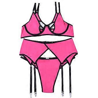 Frauen Dessous Set Hollow Up Mesh durchsichtig Strumpfband Doppelte Schultergurte 3 Stück Nachtwäsche