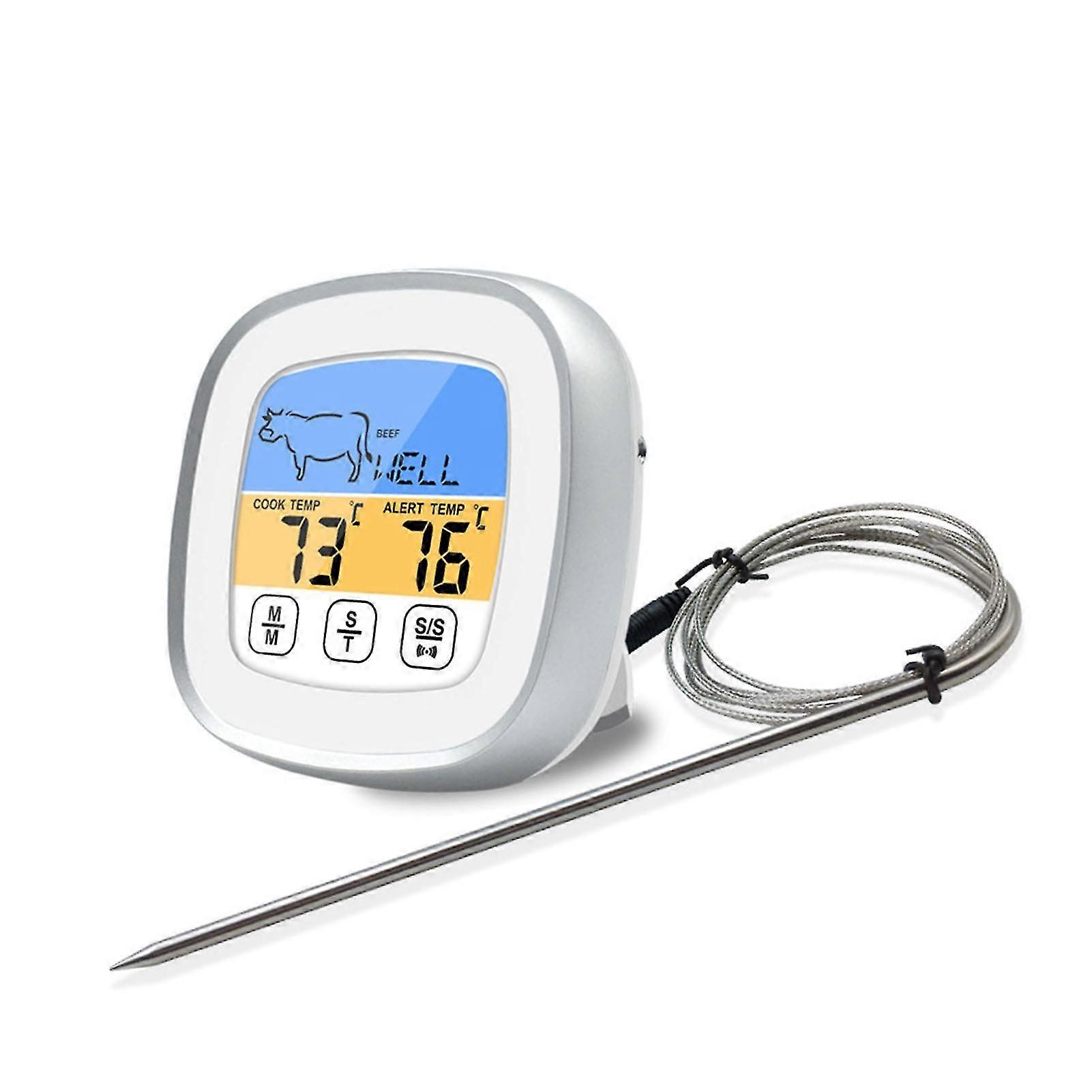 Digital Timer Thermometer Touch Screen Stainless Steel Meat Thermometer for Kitchen BBQ White