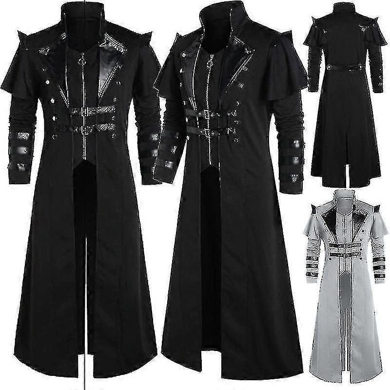 Vintage Halloween Medieval Steampunk Assassin Elves Pirate Costume Adult Men Black Long Split Jacket Gothic Armor Leather Coats
