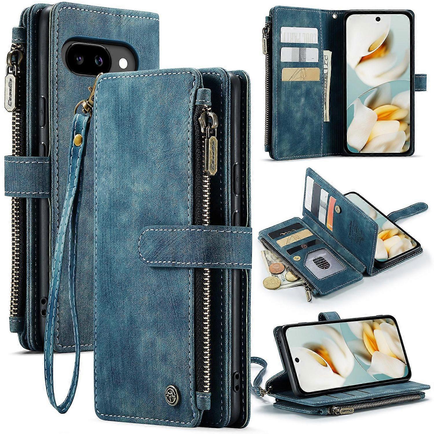 For Google Pixel 9a Faux Leather Multifunction C30 Wallet Case Blue