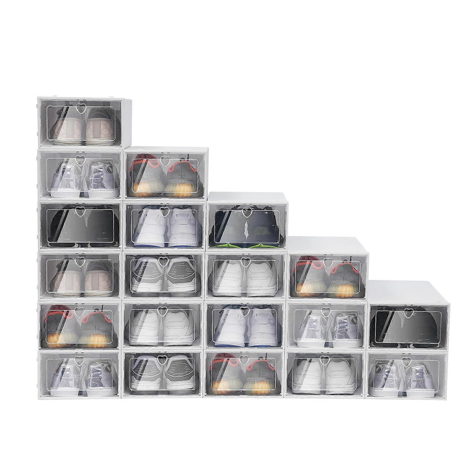 20x Plastic Foldable Shoe Storage Box Rectangular Organiser Container Transparent Stackable Storage Multifunction Shoe Storage Box White