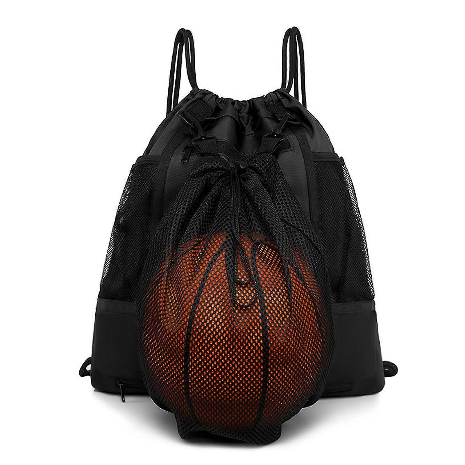 Foldable Soccer Drawstring Bag Mesh Side Pocket Sports Backpack with Zipper for Gym and Basketball, Black