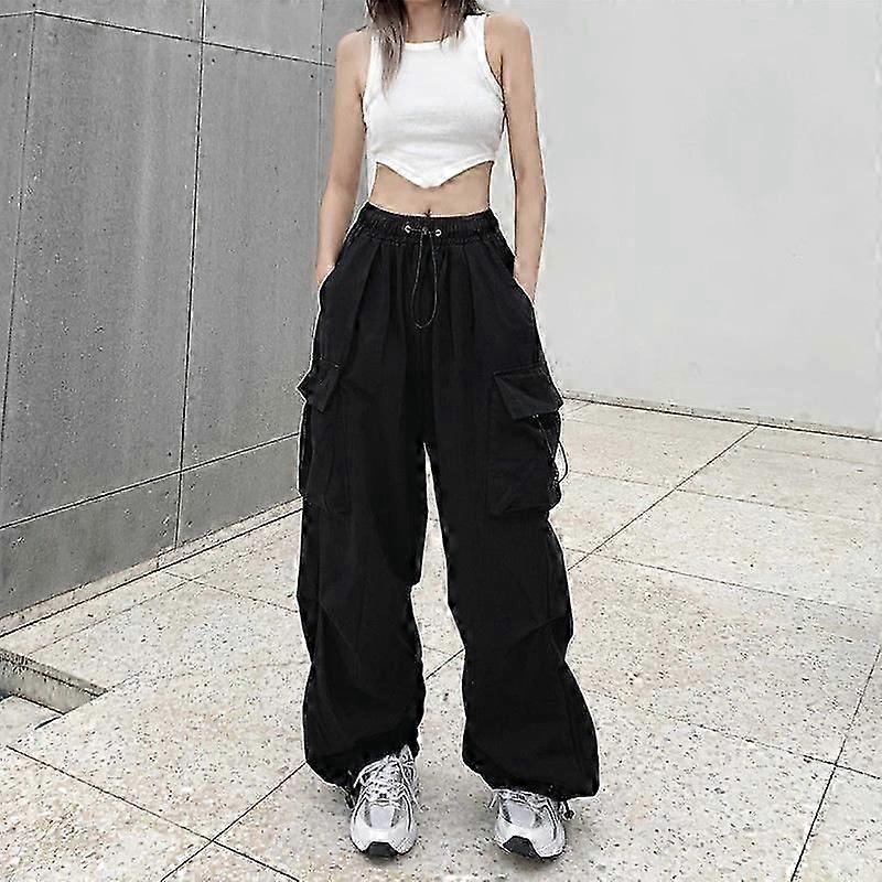 ملابس الشارع البضائع السراويل النساء عارضة خمر فضفاض واسعة الساق مستقيم بنطلون الركض جيوب كبيرة وزرة كبيرة بنطال رياضي
