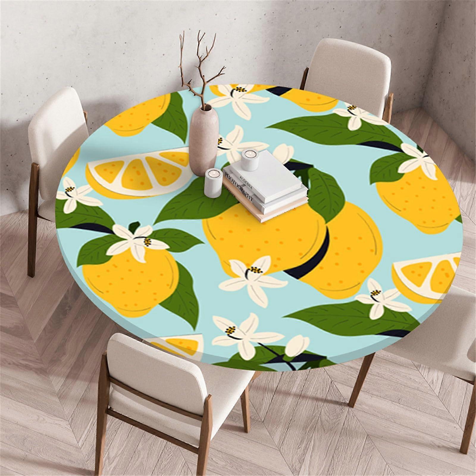 Elastic Tablecloth 60 cm Diameter, Waterproof Round Tablecloth with 3D Lemon Leaves Pattern and Elastic Band, Easy Wipe Clean Garden Table Protector