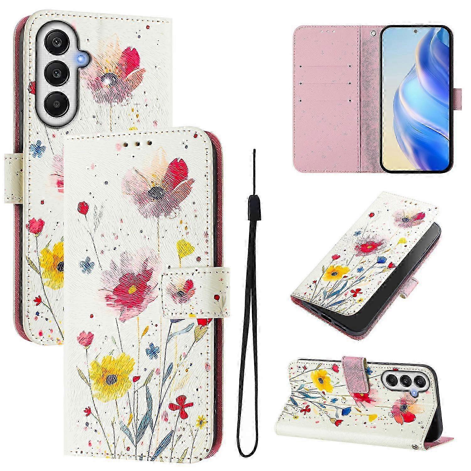 For a certain brand Galaxy A15 5G and Galaxy A15 4G Case with Strap - Wallet Phone Cover Featuring Floral Pattern Design