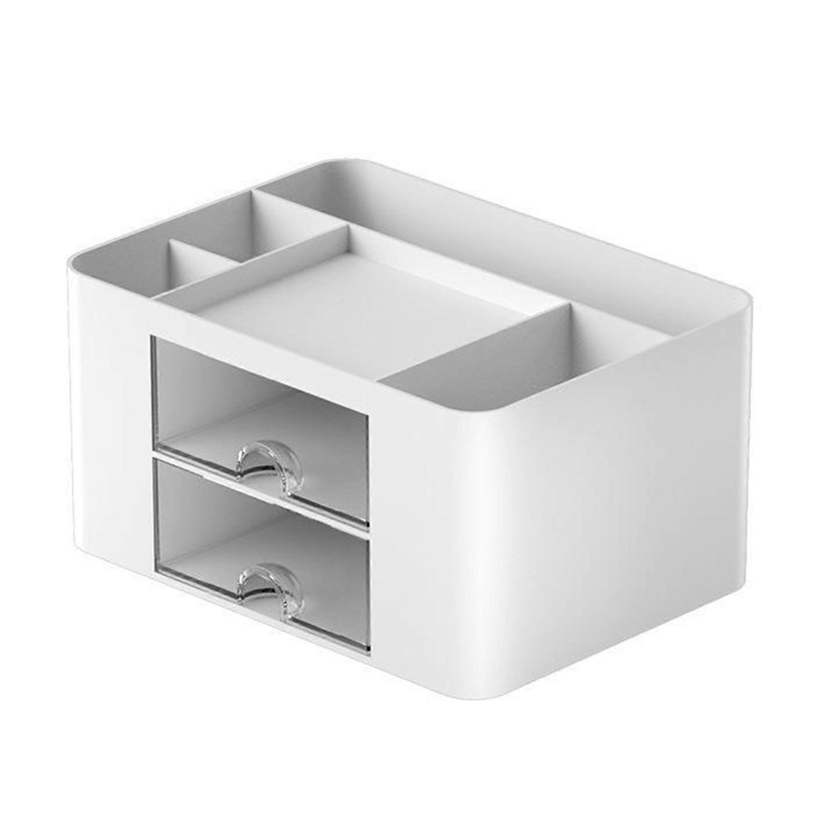 Desktop Storage Organiser with 2 Sliding Drawers And 5 Compartments Space Saving Desk Pen Organiser For School Office Snow Mountain White