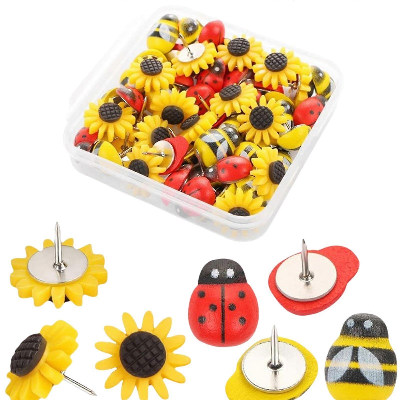 Flowerpatterned push pins, ladybug, with case, cork pinboard, thumbtacks, pinboard, drawing pins, 30 pieces