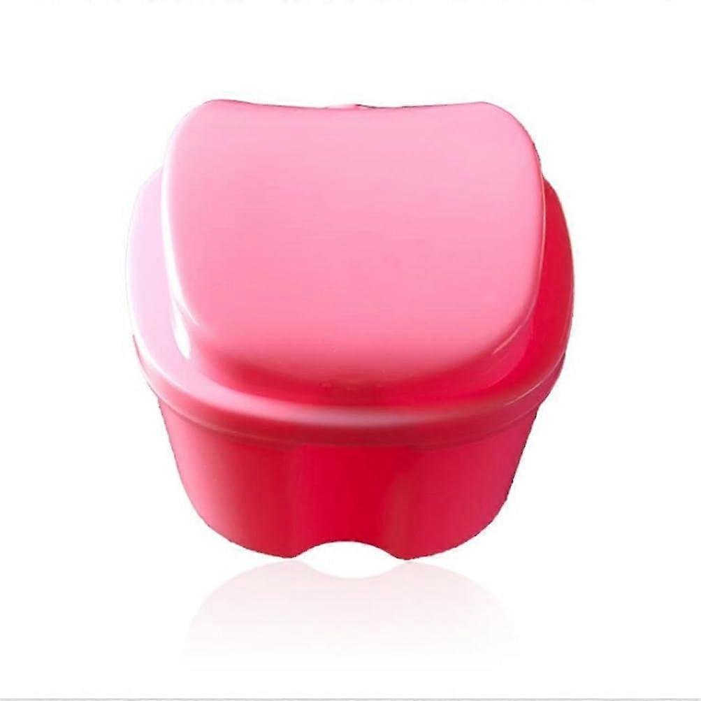 Denture Bath Box, Storage Box for False Teeth, Mini Travel Case for Denture Cup with Strainer (Pink)