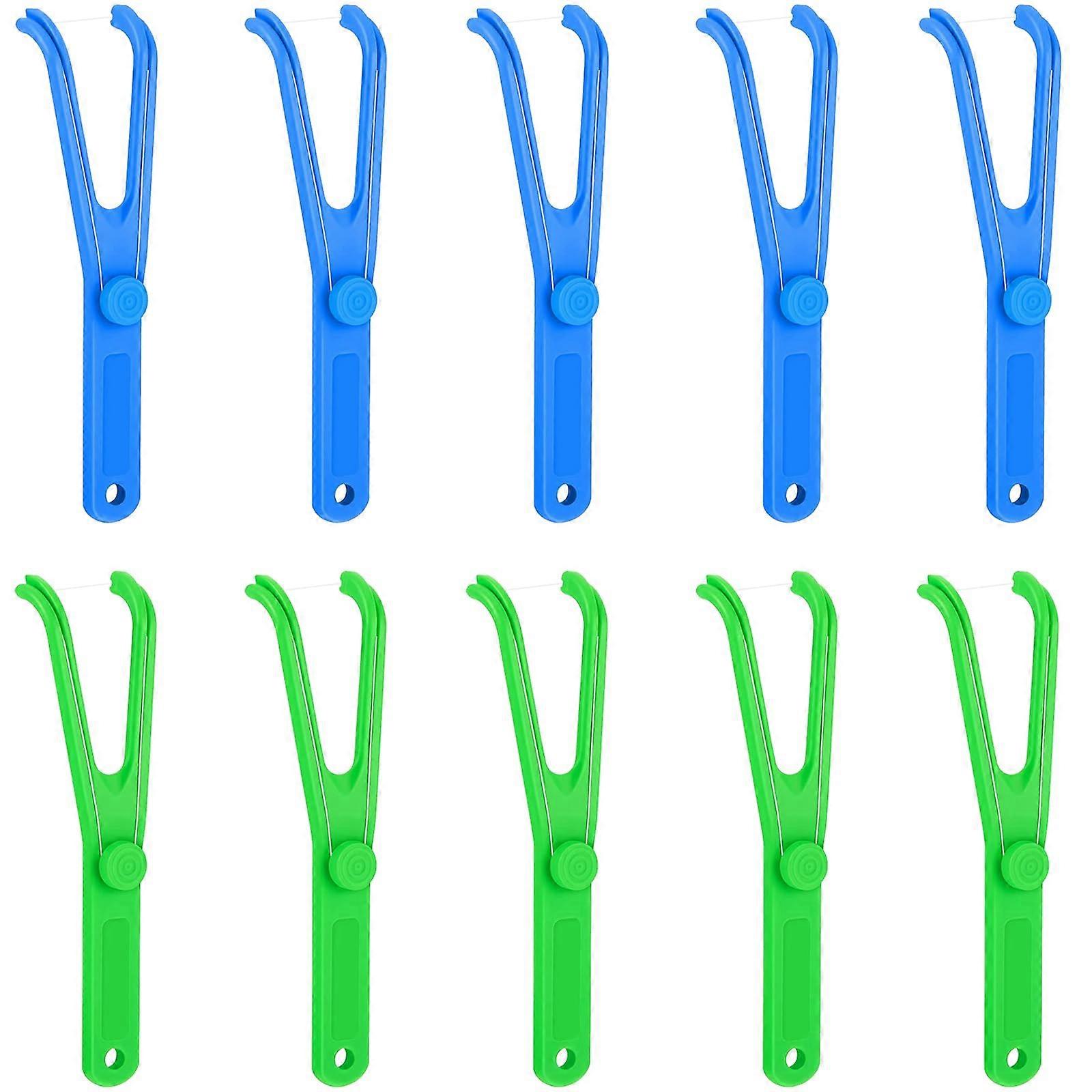 Pack of 10 Y-Shaped Dental Floss Holders, Interchangeable Floss Stands for Adults and Kids, Blue and Green Colors