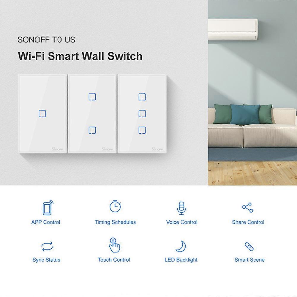 SONOFF T0US2C-TX 2 Gang WiFi Wall Light APP/Touch Control Timer US Standard Panel Smart Switch Compatible with Home/Nest & Alexa