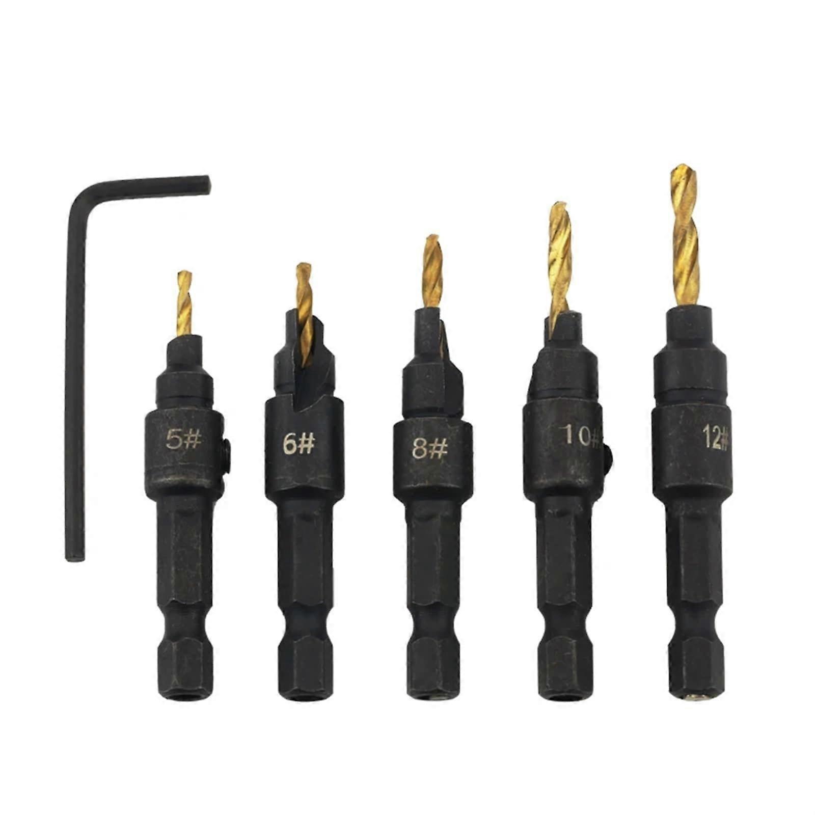 5Piece HSS Countersink Drill Bit Set for Woodworking, Chamfering Tools for Metal Holes, Drill Bits for Drilling Holes, CSK Gold, 5 Pieces
