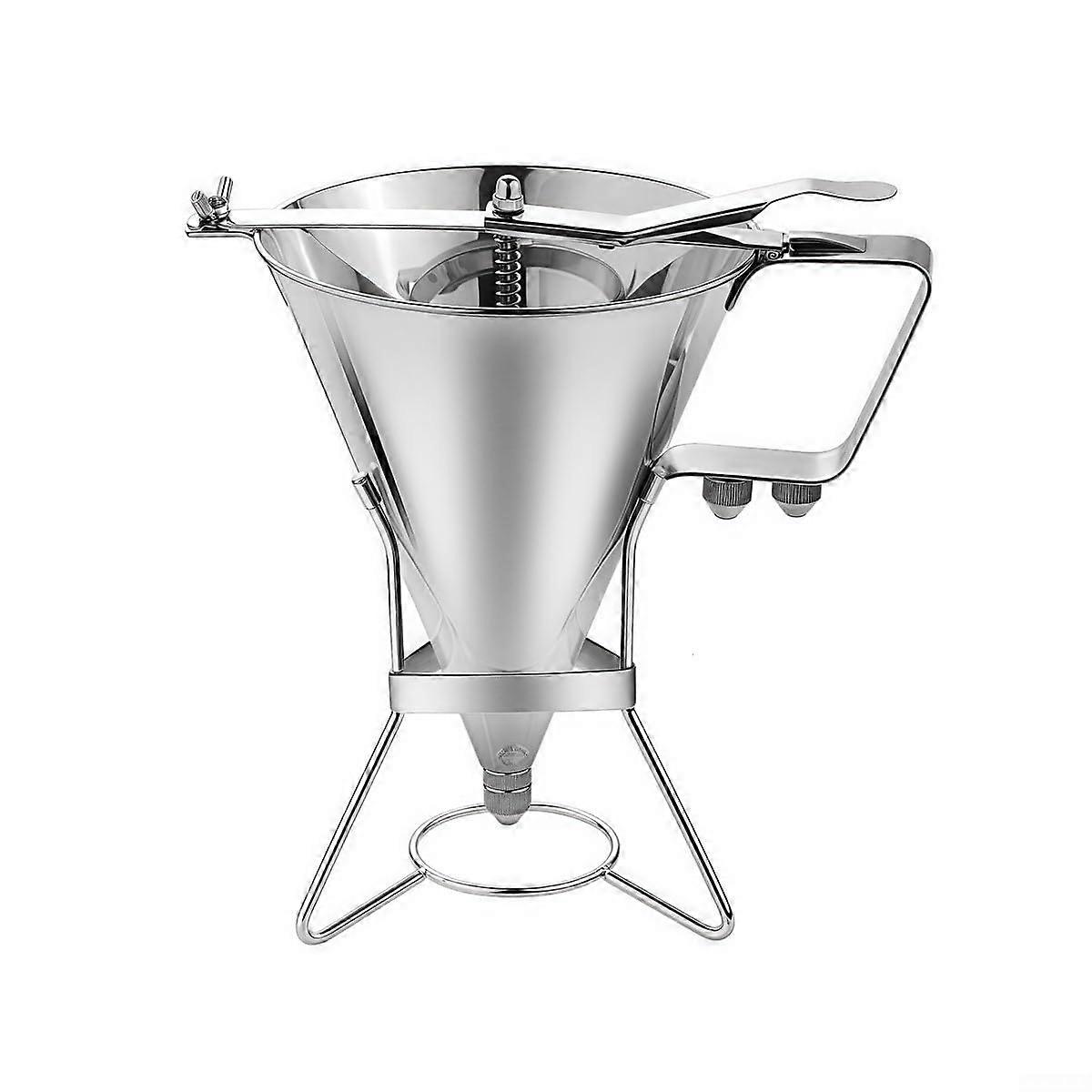 Stainless steel pancake dispenser with a large capacity of 1800 ml, designed for mess use, including 3 different nozzles.