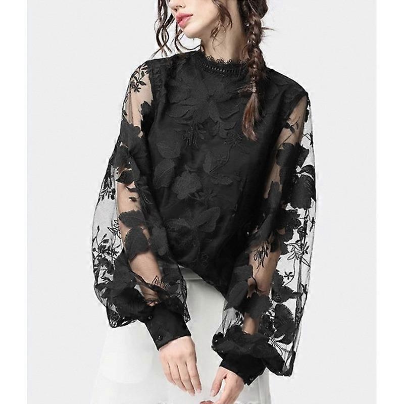 Women's Top Lace Bubble Sleeve Round Neck Long Sleeves Solid Colour Blouse