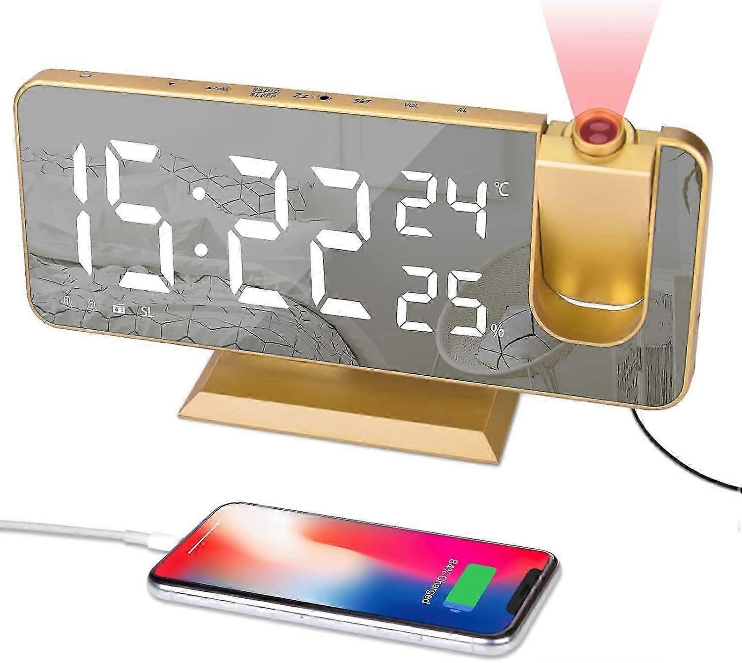 Alarm Clock Projector - Vintage Gold Clock Radiotemperature Humidity Display Digital Alarm Clock Usb Charging Port 180 Rotable Projection Time