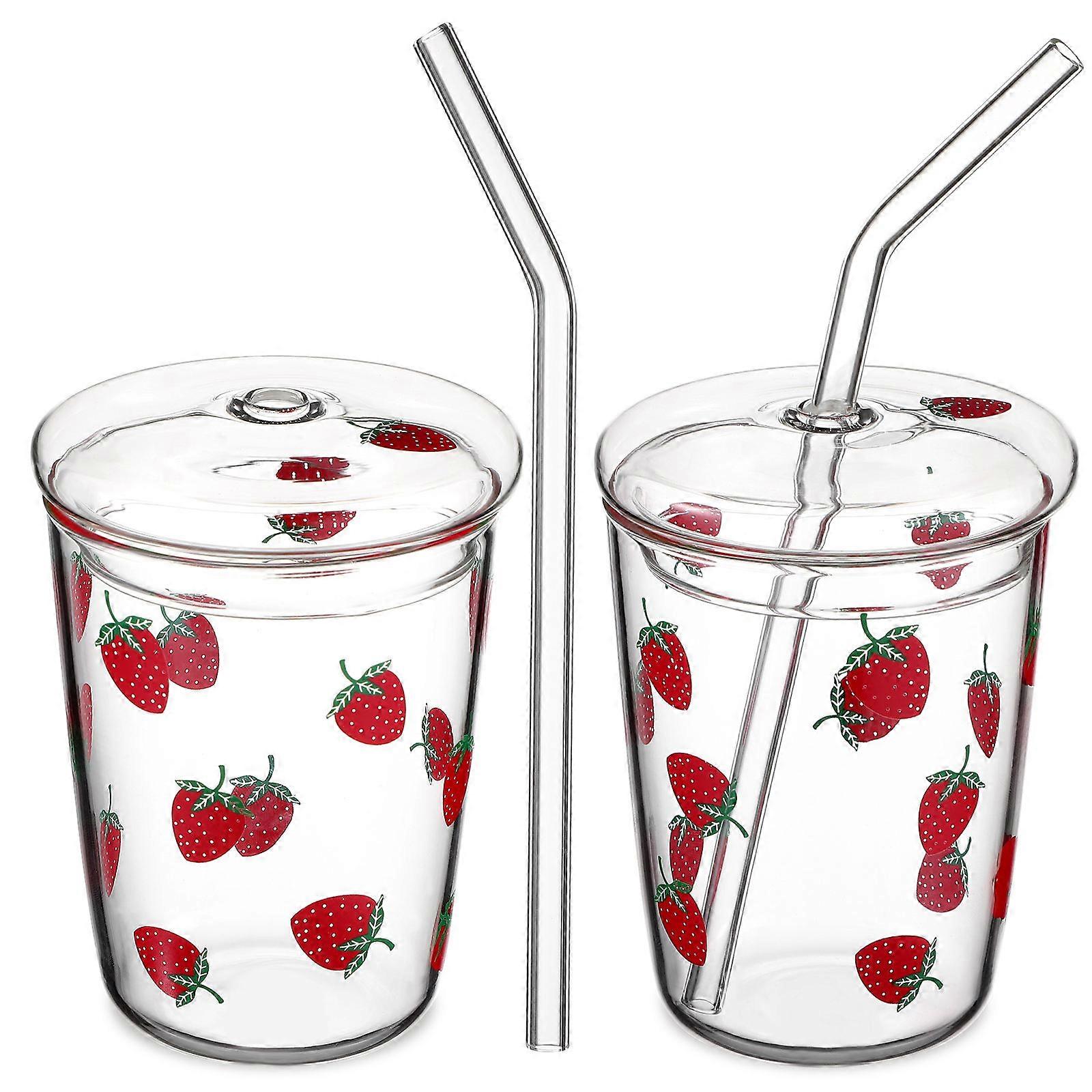 Cute Juice Glasses With Lid For Office Use Suitable For Water Tea And Smoothies In Beautiful Transparent Glass With Wide Applications 2Pcs