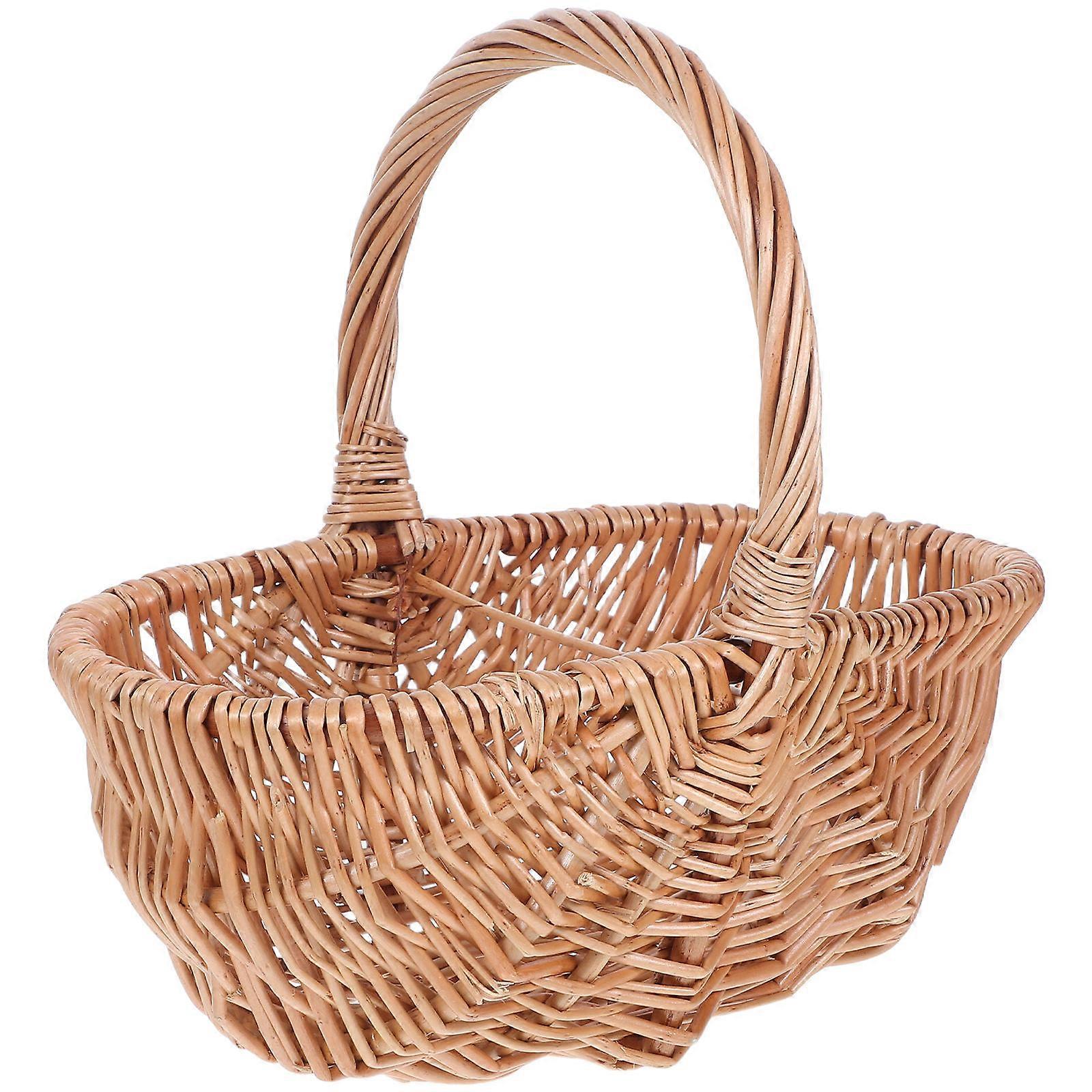 Light Brown Woven Basket With Handle For Carrying Vegetables And Fruits During Outdoor Picnics In 1Pack