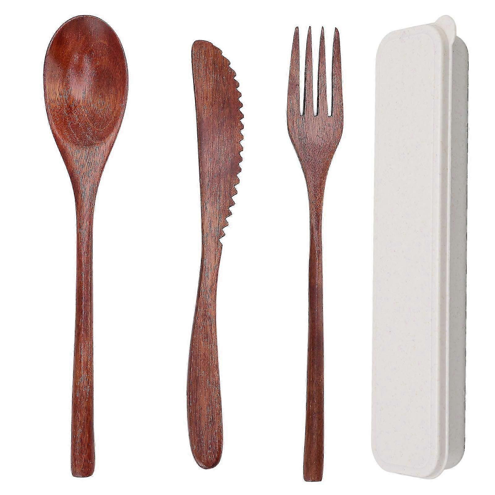 Scratch-Proof Portable Wooden Cutlery Set with Box - Eco-Friendly Spoon, Fork & Knife Tableware for Desserts, Salads & Noodles